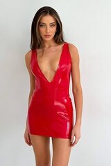 Платье лакированное с декольте, красное, XS-S - Фото №1