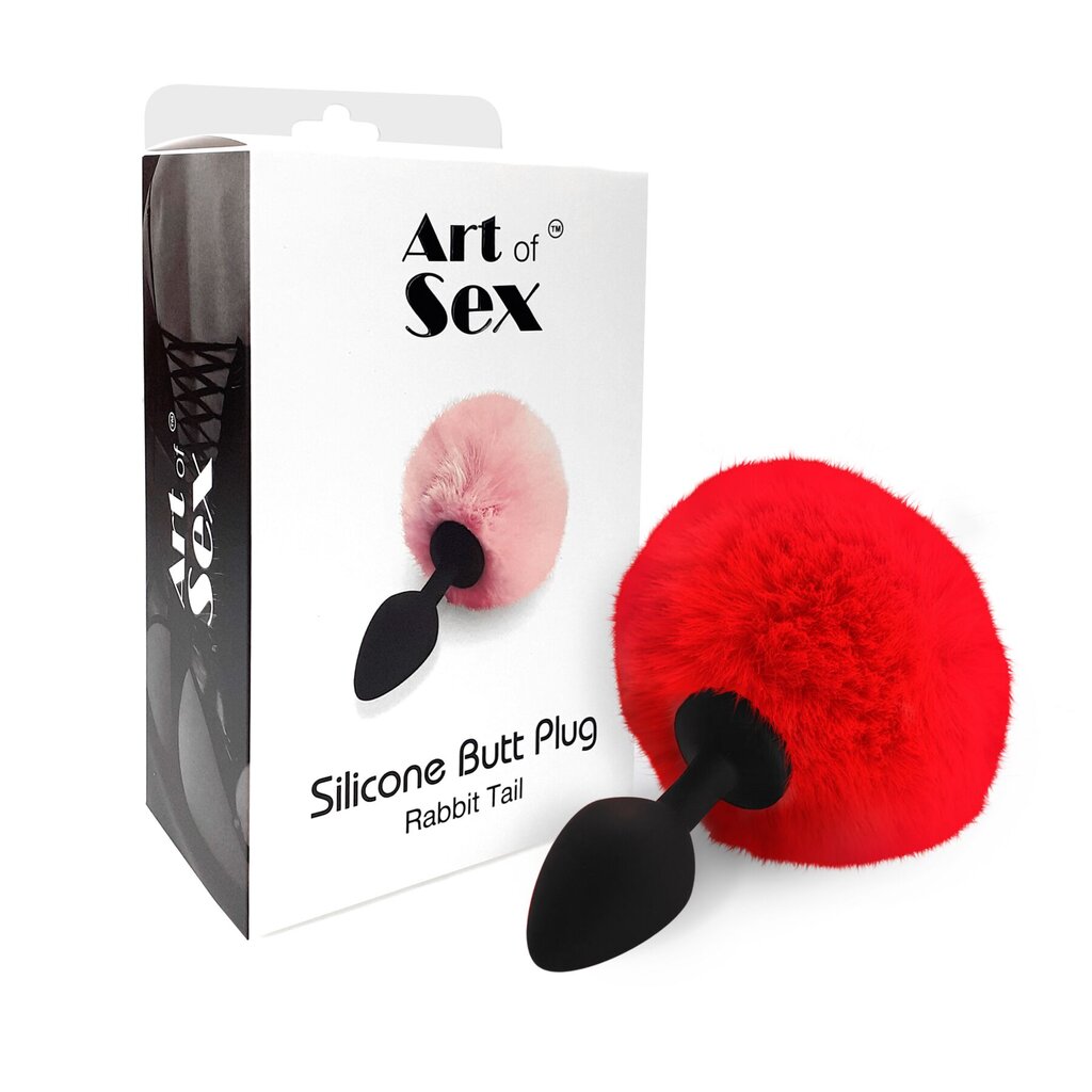 Силиконовый анальный плаг М Art of Sex - Silicone Bunny Tails Butt plug, хвостик красный - Фото №3