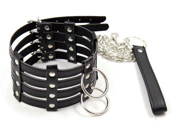 Нашийник з ланцюжком DS Fetish Collar with chain leash black - Фото №1