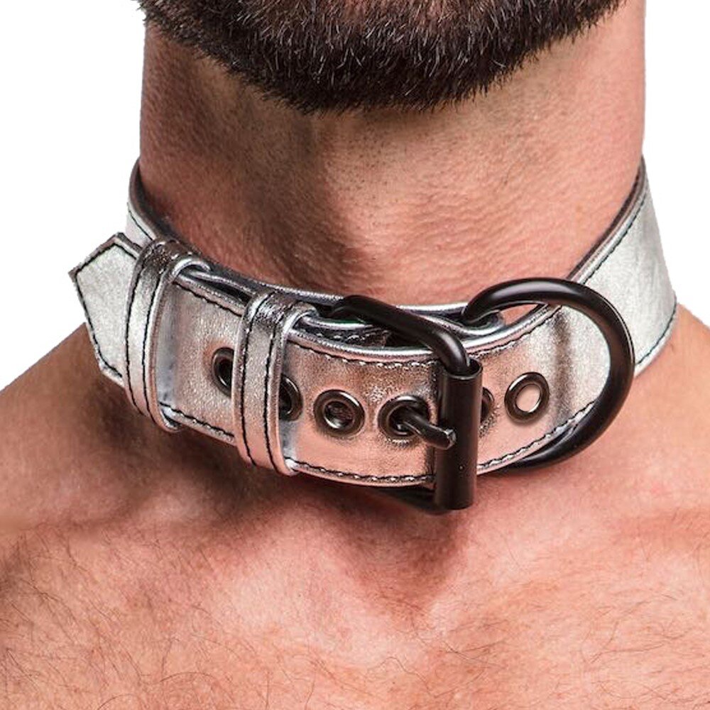 Серебристый ошейник с поводком Bondage Fetish Metallic Pup Collar With Leash - Фото №5