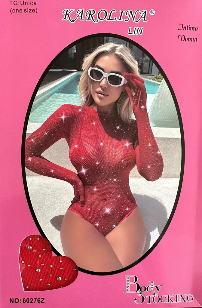 Червоний боді-сітка з рукавичками в стразах, S/L - Фото №1 Червоний боді-сітка з рукавичками в стразах, S/L - Фото №1