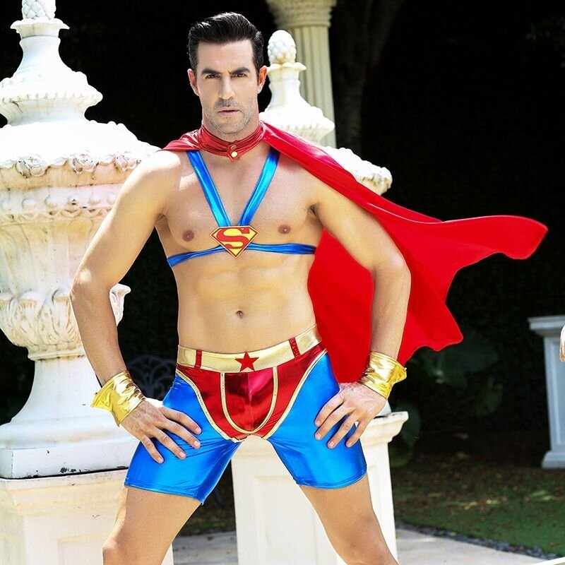 Мужской эротический костюм супермена "Готовый на всё Стив" One Size: плащ, портупея, шорты, манжеты - Фото №1