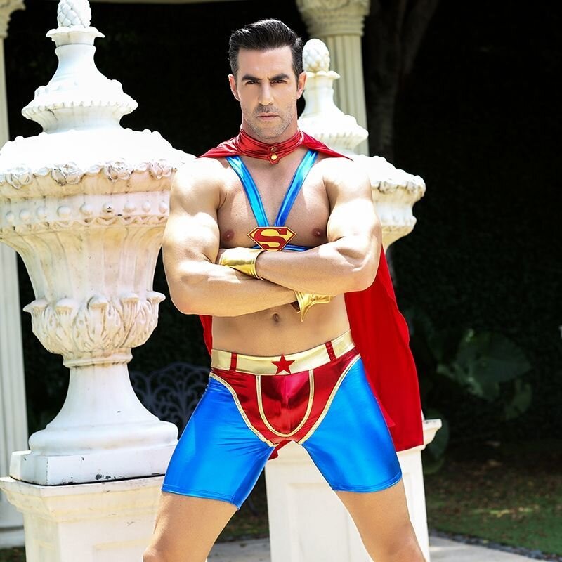 Мужской эротический костюм супермена "Готовый на всё Стив" One Size: плащ, портупея, шорты, манжеты - Фото №2
