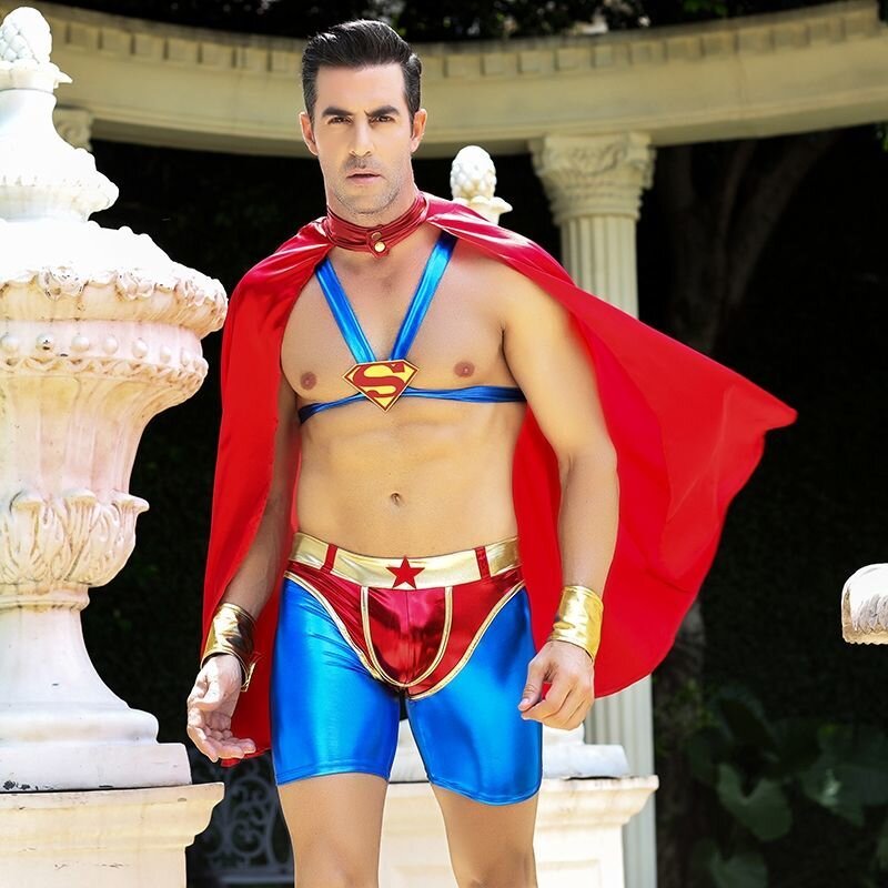 Мужской эротический костюм супермена "Готовый на всё Стив" One Size: плащ, портупея, шорты, манжеты - Фото №4