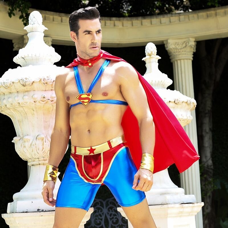 Мужской эротический костюм супермена "Готовый на всё Стив" One Size: плащ, портупея, шорты, манжеты - Фото №5