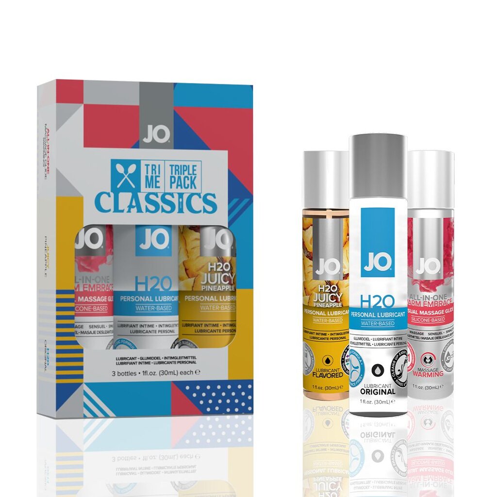 Набор JO Tri-Me Triple Pack — Classics (3×30 мл) водная, силиконовая и вкусовая смазки - Фото №4 Набор JO Tri-Me Triple Pack — Classics (3×30 мл) водная, силиконовая и вкусовая смазки - Фото №4