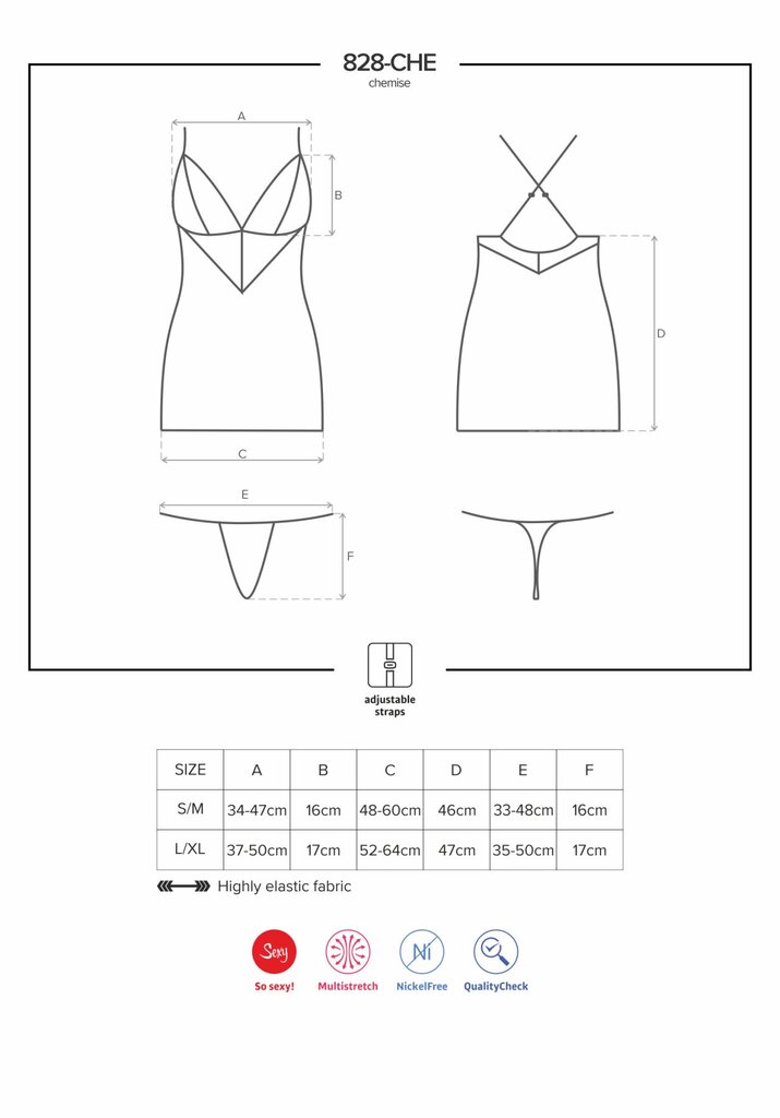 Сатиновый комплект для сна с кружевом Obsessive 828-CHE-1 chemise & thong S/M, черный, сорочка, стри - Фото №5