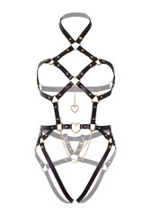 Портупея-тедді з екошкіри Leg Avenue Heart ring harness teddy S Black, підвіска-сердечко, ланцюги - Фото №1