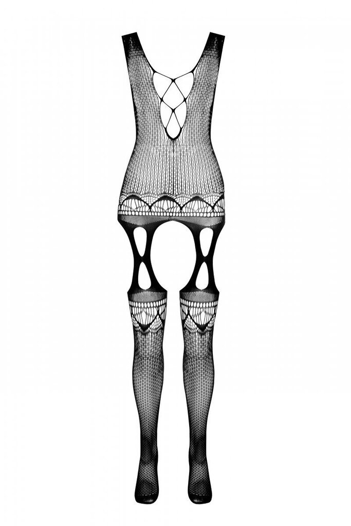 Бодістокінг з плетінням на грудях Passion BS099 One Size, black, відкритий доступ, імітація підв’язо - Фото №4
